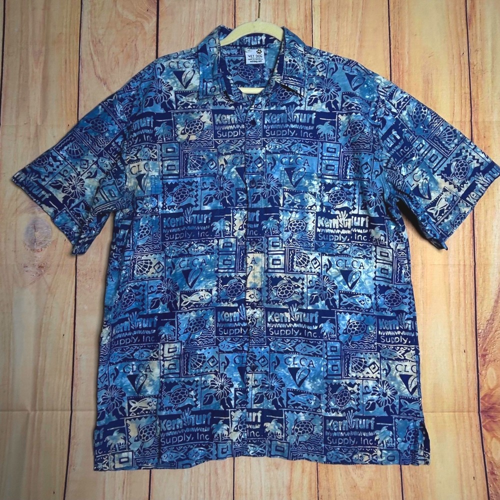 Wet Dog Button Down Shirt Mens XL Blue Batik Sea Turtle Surf Tropical Summer‎